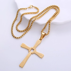 Gold stainless steel cross pendant necklace with engraved Spanish Lord's Prayer
