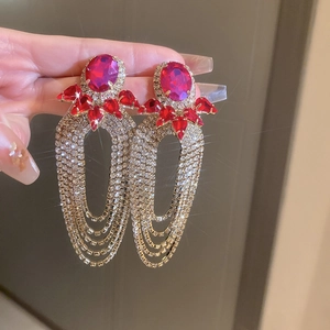 Exaggerated long tassel earrings with rose red oval gems and sparkling rhinestones