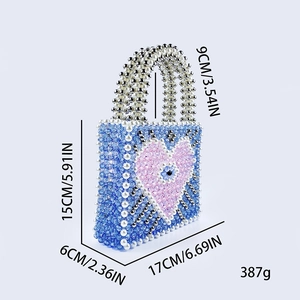 Detailed size specifications for a handmade heart-patterned blue beaded handbag