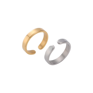 Polished stainless steel C-shape open rings in gold and silver set on white background