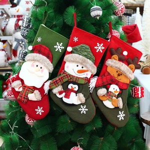 Large Polyester Christmas Stocking Santa Claus Snowman Reindeer 3D Applique Plaid Decorative Gift Bag For Holiday Party