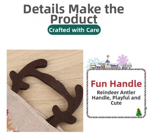 Close-up of reindeer antler felt handles and burlap texture on a Christmas gift bag