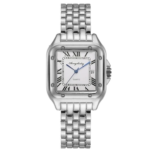 Square silver quartz watch with roman numerals on white dial and steel link bracelet