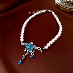 French vintage pearl necklace with starfish blue crystal pendant and tassels