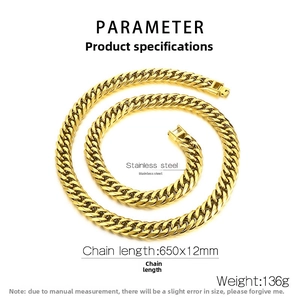 Detailed specs of 12mm wide golden cuban curb chain necklace in durable stainless steel