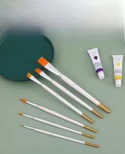 Detail of professional 6-piece nylon brush set for acrylic and oil painting with white handles