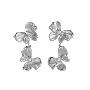 Silver flower stud earrings with shimmering crystals and brushed metal texture finish