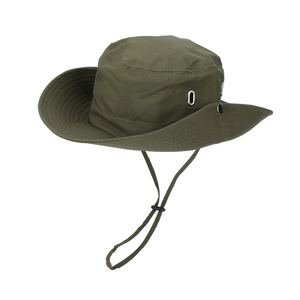 Detail of olive green outdoor sun hat with adjustable chin strap and metal eyelets.
