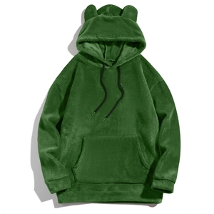 Men's green coral fleece hoodie with animal ears, oversized casual winter outerwear