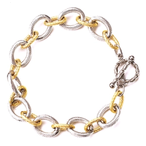 Two-tone 18K gold plated stainless steel textured chain bracelet with toggle clasp