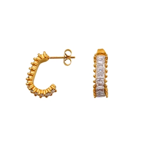 Gold-plated C-shaped hoop earrings with rectangular cubic zirconia pave setting for women