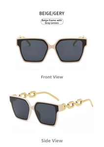 Detailed front and side views of beige square sunglasses with grey lenses and gold chain arms