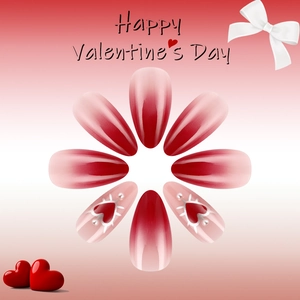 Red gradient press-on nails with heart patterns and pearls for Valentine's Day decor