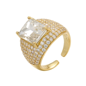 Gold wide band ring with large square zircon and micro-pave stones on white background