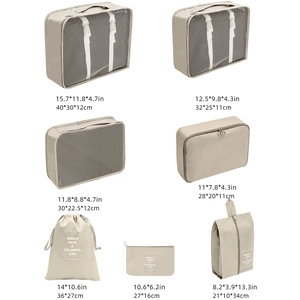 Detailed size guide for 7-piece beige travel luggage organizer set with mesh panels