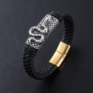 Hip hop roestvrijstalen armband met zwart gevlochten leer en zilveren slang-embleem