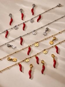 Detailed set of stainless steel enamel chili and four-leaf clover charms on chains