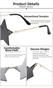Detailed views of star-shaped sunglasses featuring silicone nose pads and metal hinges