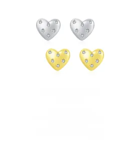 Detail of 925 sterling silver and gold heart stud earrings with small zircon stones
