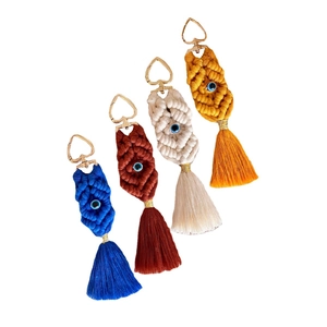Bohemian woven evil eye keychains with colorful tassels and golden heart-shaped metal clasps