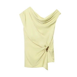 Asymmetrical Sleeveless Satin Top One Shoulder Ruched Draped Neck Elegant Slim Fit Blouse With Metal Buckle For Women