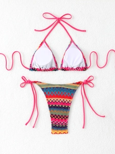 Detail shot of boho multi-color knit bikini showing textured fabric and tie-side bottoms