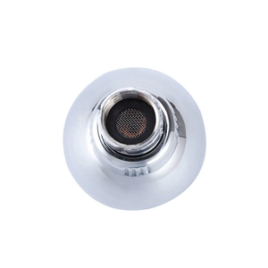 Detailed view of the shower head inlet with chrome finish, mesh filter, and rubber seal
