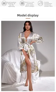 Detail of floral printed satin robe fabric showing glossy texture and elegant pattern