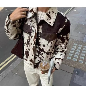 Giacca Da Donna Con Stampa Muccata Maniche Lunghe Collo A Rever Monopetto Vestibilità Morbida Streetwear Moda