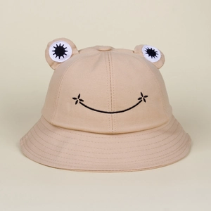 Beige bucket hat with cute 3D frog eyes and embroidered smiley face for sun protection