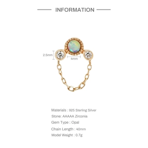 Macro detail of S925 sterling silver opal and zirconia chain earring specifications