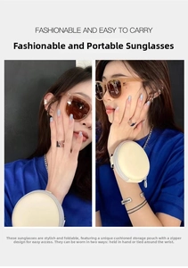 Detail view of foldable sunglasses with a cream round pouch and wrist strap attachment