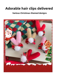 Détail de barrettes de Noël avec bois de renne, nœuds à carreaux festifs et peluche douce