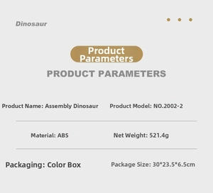 Detailed specifications of DIY dinosaur toy set with ABS material and box dimensions