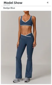 Detail of cross high waist yoga set in badge blue with V-neck sports bra and flared pants