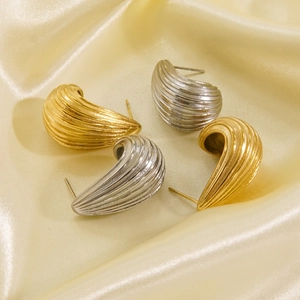 Minimalist 14K gold and silver teardrop striped stainless steel C-shape stud earrings