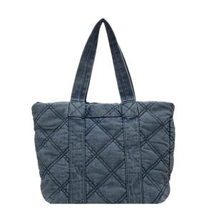 Grand sac cabas en denim matelassé bleu foncé avec motifs de diamants pour le bureau