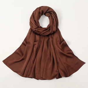 Brown silk-feel pleated hijab scarf with a soft satin finish and vertical texture