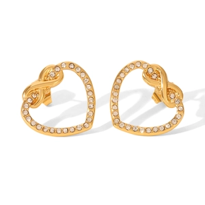 Golden heart earrings with infinity symbol and crystals in stainless steel