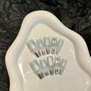 Handmade Neo-Chinese Cat Eye Press On Nails Blue Silver Gradient Bamboo Leaf Rhinestone Artificial Pearl Coffin False Nail Tips
