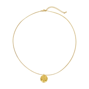 Minimalist double-layered gold necklace featuring a hammered metal round pendant