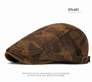 Detail of vintage camouflage ivy cap featuring washed suede texture and metal side buckle