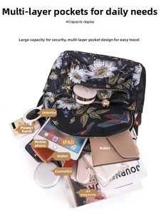 Detail view of the floral backpack spacious interior showing capacity for iPad and umbrella