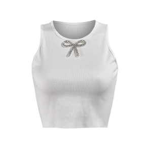 Slim fit white ribbed crop top featuring a sparkling rhinestone bow on the neckline