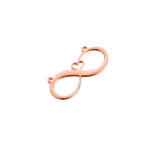 Macro shot of rose gold infinity heart connector charm for jewelry making on white background
