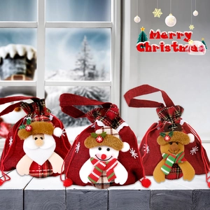 Sacs Cadeaux De Noël À Cordon En Toile De Jute Pochette Emballage Bonbons Poupée Peluche Père Noël Bonhomme De Neige Décor