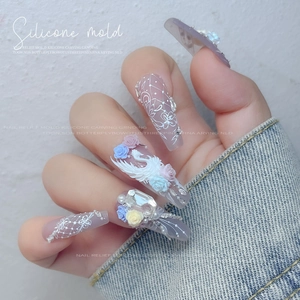 3D embossed floral and swan nail art stickers with delicate rhinestone and lace details