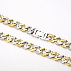 Two-tone silver and gold Cuban link chain necklace with a unique rectangular jewelry clasp
