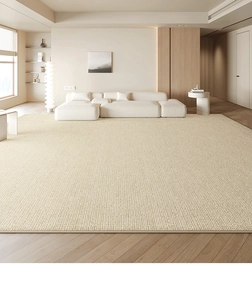Detail of beige woven carpet texture in a minimalist living room setting