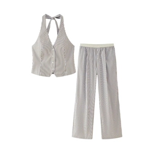Conjuntos De Top De Cuello Halter A Rayas Y Pantalones De Pierna Ancha Para Mujer Poliéster Casual Sin Mangas Espalda Descubierta Verano Streetwear
